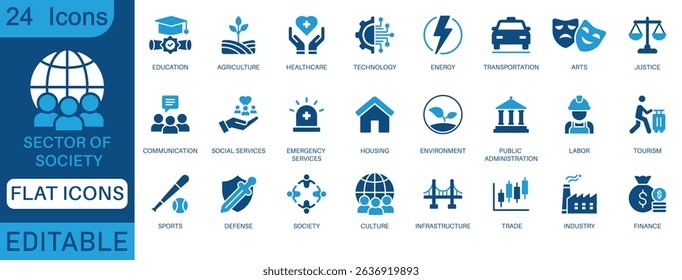 Sector of society icon set. Containing agriculture, education, healthcare, energy, technology, transportation, arts, justice and more. perfect flat icon collection.