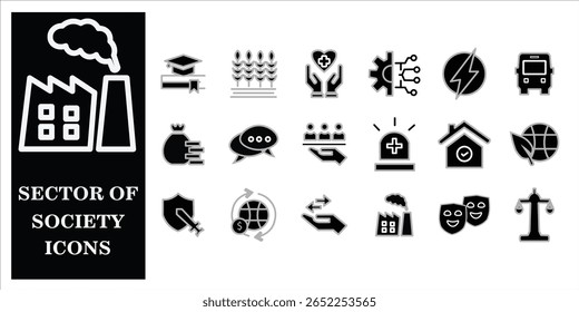 Sektor der Gesellschaft Ikonensatz. Enthaltend Landwirtschaft, Bildung, Gesundheit, Energie, Technologie, Transport, Einfache Schwarz Solid Vektorsymbol-Sammlung