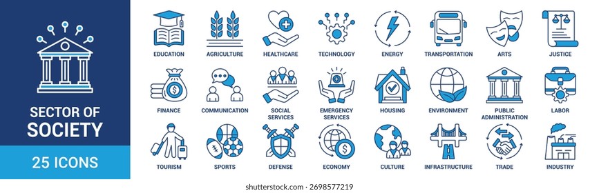 Conjunto de iconos del sector de la sociedad. Contiene agricultura, educación, salud, energía, tecnología, transporte, artes, justicia y más. Iconos de vector azul colección.