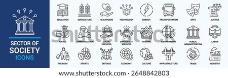 Sector of society icon set. Containing agriculture, education, healthcare, energy, technology, transportation, arts, justice and more. Solid vector icons collection.