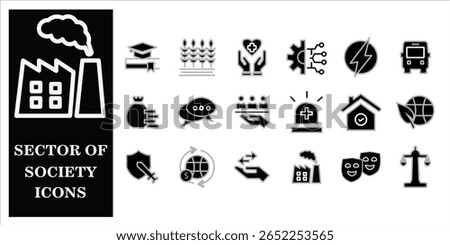 Sector of society icon set. Containing agriculture, education, healthcare, energy, technology, transportation, Simple Black Solid vector icons collection