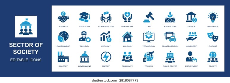 Sector of Society icon set. Covers Government, Education, Healthcare, Finance, Industry, and Infrastructure for social and economic concepts