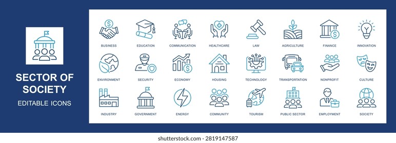 Sector of Society icon set. Covers Government, Education, Healthcare, Finance, Industry, and Infrastructure for social and economic concepts