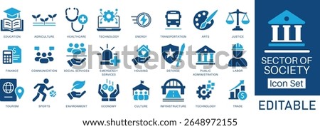 Sector of society icon set. Features for education, healthcare, agriculture, economy, justice, culture, and more. Perfect for infographics, reports, and web design.