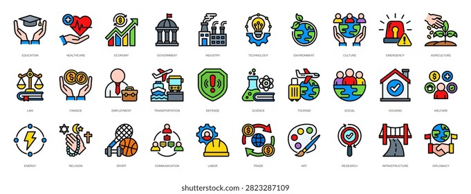 Sector of Society Icon Set Flat Color Style