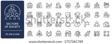 Sector of Society icon set in line style. Collection of social, community, government, industry, economy, education, healthcare, finance, business, Outline, Editable Stroke, Vector illustration.