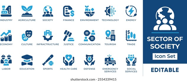 Sector of Society Icon Set. Representing various sectors of society symbols, finance, technology, health, education, and more. Perfect for sociology, economics, and social science presentations.