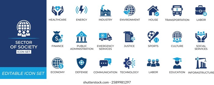 Sector of society icon set. Solid vector editable icons collection.