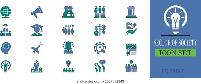 conjunto de ícones do setor da sociedade. Um setor da sociedade é uma parte ou grupo específico dentro da sociedade que se concentra em uma atividade ou função específica, como a economia, a educação, a saúde ou a cultura. 