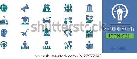 sector of society icon set. A sector of society is a specific part or group within society that focuses on a particular activity or function, such as the economy, education, healthcare, or culture. 