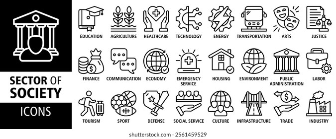 Sector of society icon set vector concept illustration. Containing icon of agriculture, education, healthcare, energy, technology, transportation, arts, justice icons. Outline vector icons collection.