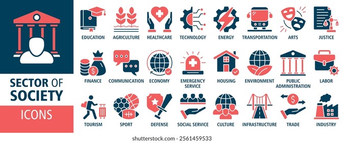 Sector of society icon set vector concept illustration. Containing icon of agriculture, education, healthcare, energy, technology, transportation, arts, justice icons. Solid vector symbol collection.