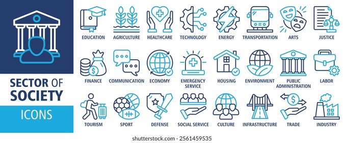 Sector of society icon set vector concept illustration. Containing icon of agriculture, education, healthcare, energy, technology, transportation, arts, justice icons. Outline vector icons collection.