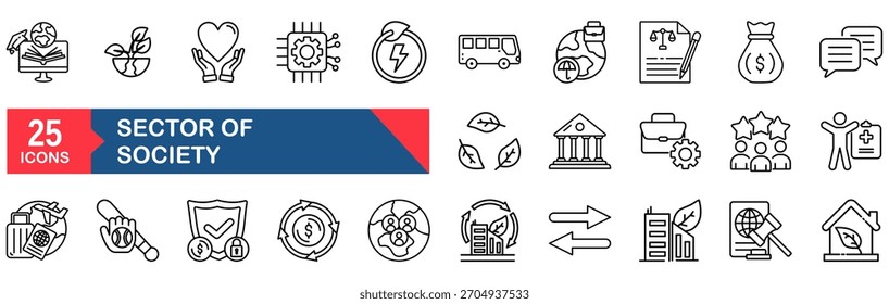 Sector of society icon set. vector illustration concept for sector, society, agriculture, education, health care, energy, technology, transportation, art, justice, public administration