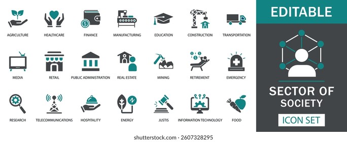 Sector of Society Icon Set
A versatile icon set representing key societal sectors, including healthcare, finance, education, construction, agriculture, telecommunications, IT, energy, and more.