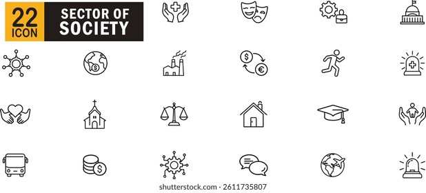 Sector of society outline icon set. Representing healthcare, government, education, economy, transportation, environment, and social services.
