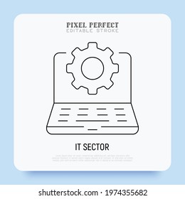 IT sector thin line icon. Open laptop with cogwheel. Settings, software service, update, configuration. Pixel perfect, editable stroke. Vector illustration.