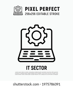 IT sector thin line icon. Open laptop with cogwheel. Settings, software service, update, configuration. Pixel perfect, editable stroke. Vector illustration.