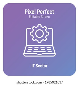 IT sector thin line icon. Open laptop with cogwheel. Settings, software service, update, configuration. Pixel perfect, editable stroke. Vector illustration.