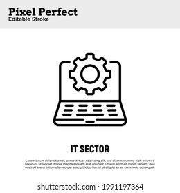 IT sector thin line icon. Open laptop with cogwheel. Settings, software service, update, configuration. Pixel perfect, editable stroke. Vector illustration.