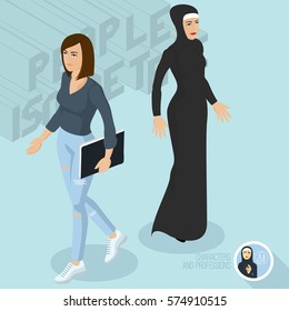 Mujeres laicas y musulmanas. Isometric 3d de diseño plano vectorial personas diferentes personajes, estilos y profesiones, longitud completa colección de poses diversas de actuación.