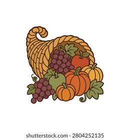 Secular Thanksgiving cornucopia horn of plenty in a retro flat style