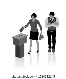 Secular voters are voting for election with ballot box. All the objects, shadows and background are in different layers. 