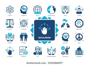 Secularism icon set. Atheism, World, Religion, Tolerance, Accommodationism, Neutrality, Law, Human Rights. Duotone color solid icons