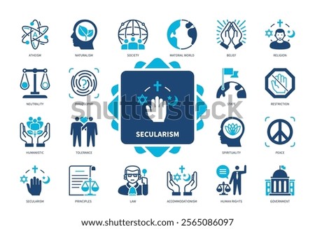 Secularism icon set. Atheism, World, Religion, Tolerance, Accommodationism, Neutrality, Law, Human Rights. Duotone color solid icons