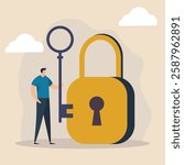 Secure access concept illustration featuring a person with a giant key standing beside a large padlock. Minimalist flat design, perfect for cybersecurity, authentication, and privacy themes.