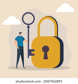 Secure access concept illustration featuring a person with a giant key standing beside a large padlock. Minimalist flat design, perfect for cybersecurity, authentication, and privacy themes.