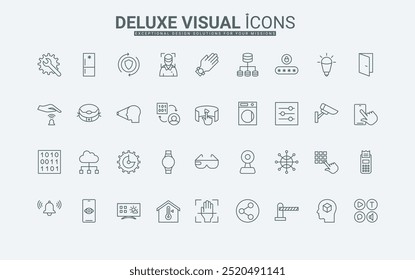 Acceso seguro y control de electrodomésticos y Configuraciones de dispositivos con escaneo ocular y Ilustración vectorial de finos símbolos de contorno negro de huellas dactilares. Tecnología IoT, conjunto de iconos de línea de casa inteligente.