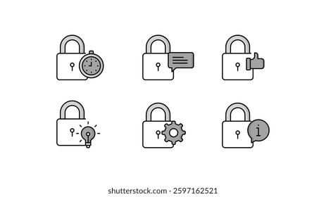 Secure Access Control Icons Set. Timed Security, Communication Protection, Approval Authentication, Intellectual Property Safety, System Configuration, and Data Privacy.