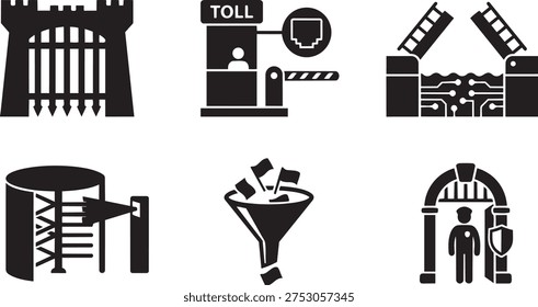 Secure Access Gateways and Network Traffic Filtering Symbols Zero Trust Architecture ZTA Solid Black Vector Silhouette Icon Set