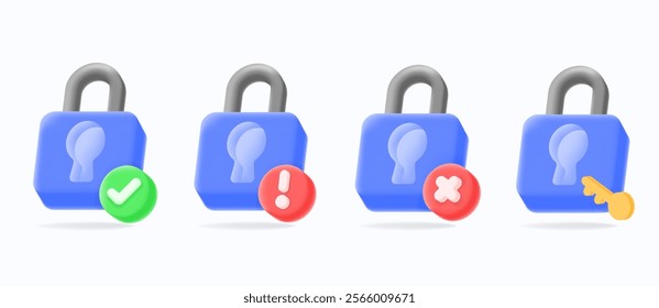 Secure access icon with blue padlock and status indicators unlocked, error, denied and key access. Cyber ​​security, login system and permission control visuals, 3d vector illustration icon set