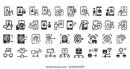 Secure Access and Identity Vector Icons. EPS Pack with Smartphone Unlock, Biometric Login, and Encrypted Network Connection Symbols for App and Web Design