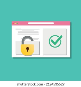 Secure access with a password in the web browser window, protected window and unprotected window. Padlock and tick as website login, digital privacy Flat vector illustration.