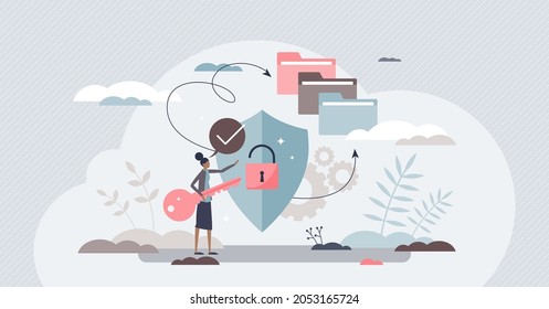 Secure access with privacy data security and protection tiny person concept. Confidential file accessibility and cloud usage for identity hiding vector illustration. Information encryption for web.