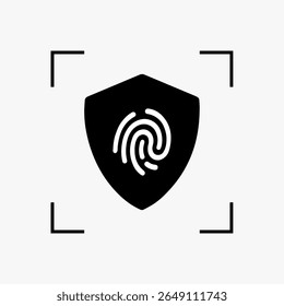 Acesso seguro: Um símbolo de segurança, com uma impressão digital dentro de um escudo, cercado por cantos de mira, contra um pano de fundo limpo. Destacar a segurança e a proteção.