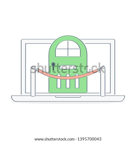 Secure account login, exclusive VIP zone and pass, limited access concept, account registration. Laptop with a door and fence barrier with red belt. Flat outline vector illustration on white.