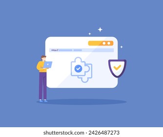 Proteja complementos y extensiones adicionales. Navegador seguro. protección y seguridad de los datos e información de los usuarios. sistema de seguridad. diseño del concepto de ilustración. elementos gráficos. Vector