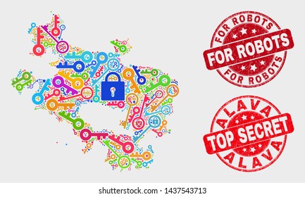 Secure Alava Province map and seal stamps. Red round Top Secret and For Robots grunge seal stamps. Colorful Alava Province map mosaic of different secure symbols.