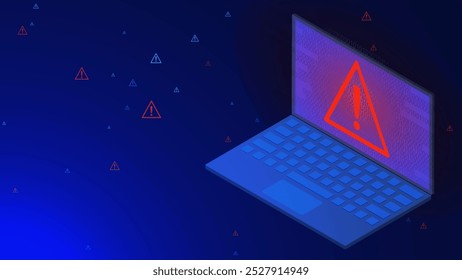Secure alert and warning sign with laptop isometric. Online warning, error screen and computer failure or danger. Vector illustration
