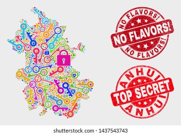 Secure Anhui Province map and seal stamps. Red round Top Secret and No Flavors! scratched seal stamps. Colorful Anhui Province map mosaic of different lock symbols.