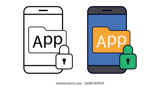 Secure app folder icon on a smartphone screen, shown in outline and color styles. Represents locked applications and data protection in mobile devices.