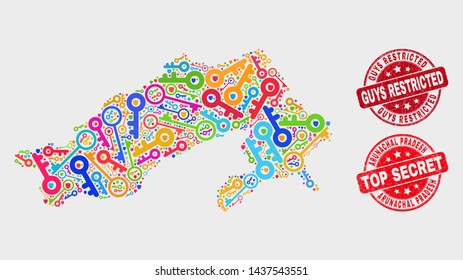 Secure Arunachal Pradesh State map and seal stamps. Red round Top Secret and Guys Restricted distress seal stamps. Bright Arunachal Pradesh State map mosaic of different administration items.
