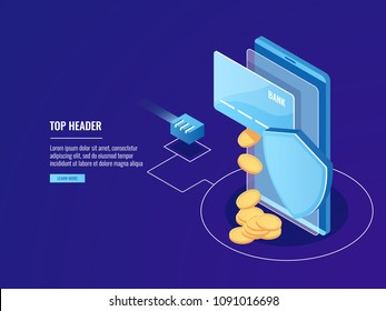 Secure Bank transfers via mobile device, online payment, credit card with smartphone and shield, electron money deposit isometric vector on blue background