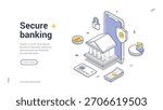 Secure banking and financial technology services banner with smartphone bank vault shield. Modern online banking template for website landing page. Isometric Banner Template Vector Illustration