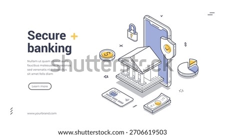 Secure banking and financial technology services banner with smartphone bank vault shield. Modern online banking template for website landing page. Isometric Banner Template Vector Illustration