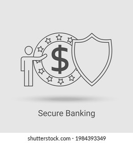 Secure Banking Symbol.Das Konzept des Finanzschutzes, der Geschäftsstrategie und des Bankwesens.Sichere Zahlungen.Vektorgrafik des Thin-Line-Symbols.Schwarz auf weißem Hintergrund.
